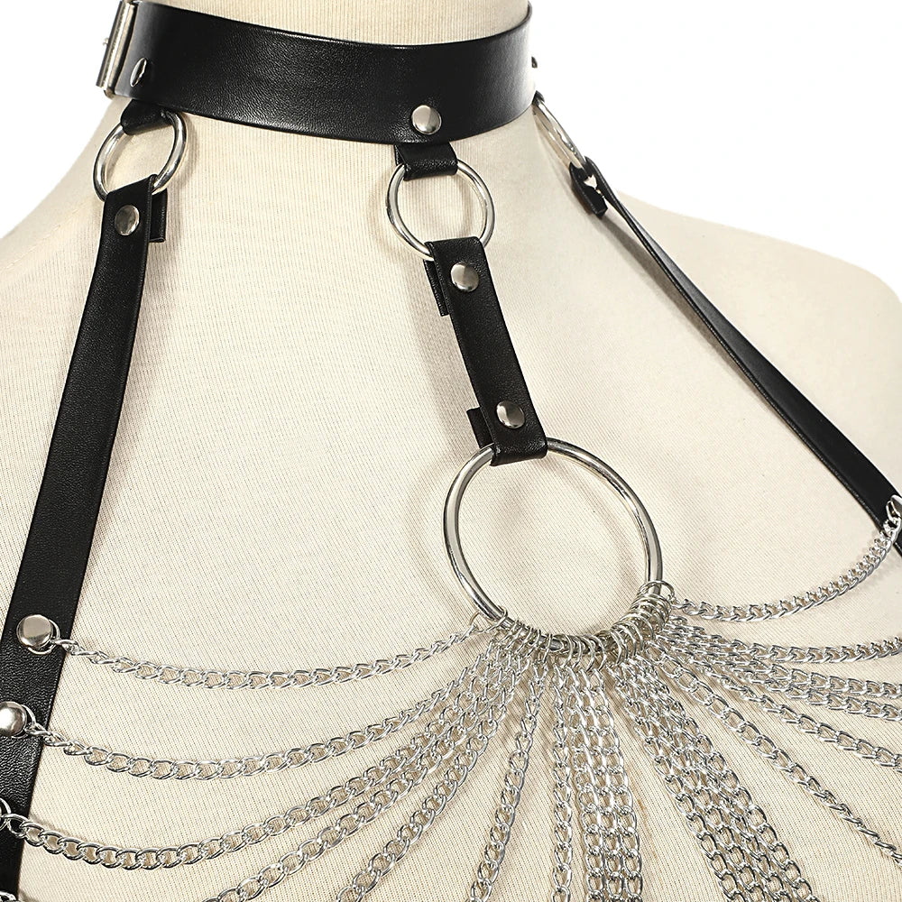 Goth Leather Body Harness Chain Bra Top Chest Waist Belt Witch Gothic Punk Fashion Metal Girl Festival Jewelry Accessories